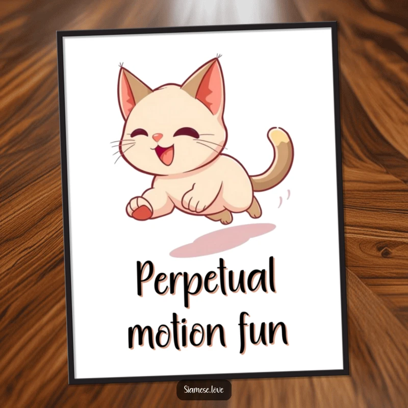 Funny digital art print of a cheerful Siamese cat in a motion blur chasing its tail, perfect for adding dynamic and playful humor.