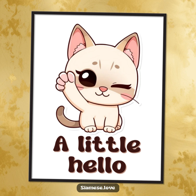 Funny digital art print of a Siamese cat winking and waving with its paw, perfect for adding a friendly, humorous, and charming touch.