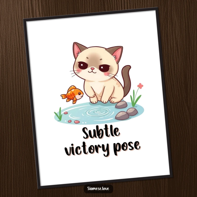 Funny Siamese cat digital art print, smugly catching a falling fish from a tiny pond, high-resolution humorous artwork for instant enjoyment.