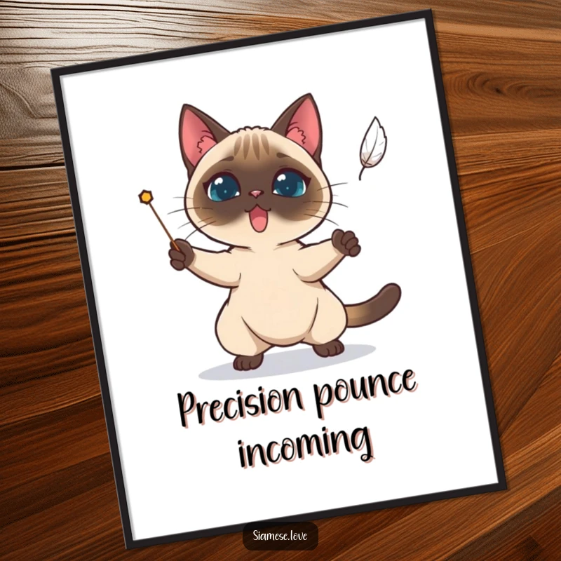 Funny Siamese cat determinedly attempting to catch a falling feather, a digital art print for framing.