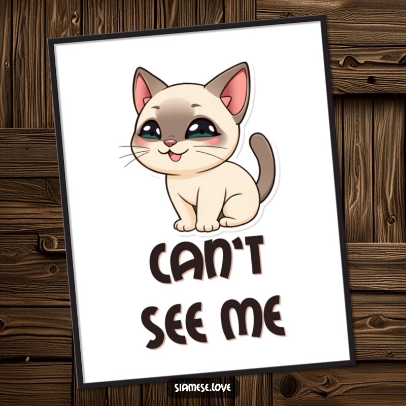 Funny Siamese Cat Digital Art Print: A Siamese cat character with a mischievous grin, hiding behind its own tail.