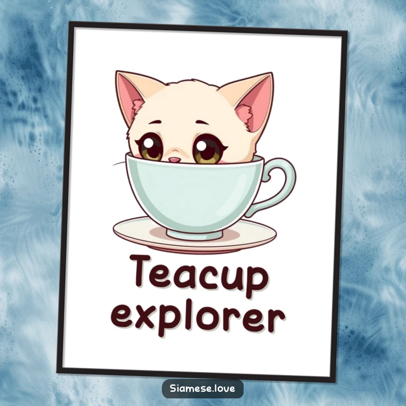 Funny Siamese Cat Digital Art Print: A curious Siamese cat with wide eyes peering into a giant teacup.