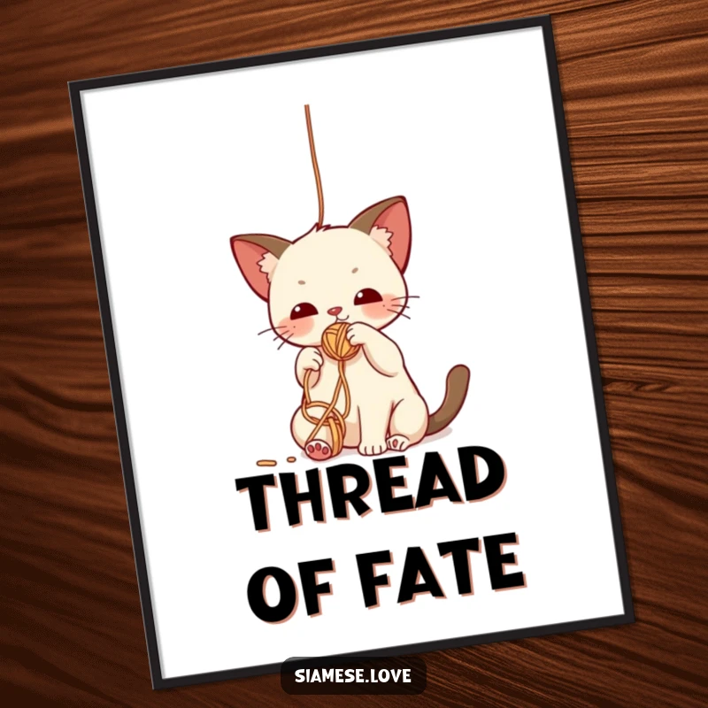 Funny digital art print of a cute kawaii Siamese cat character batting playfully at a dangling yarn ball, capturing feline joy.