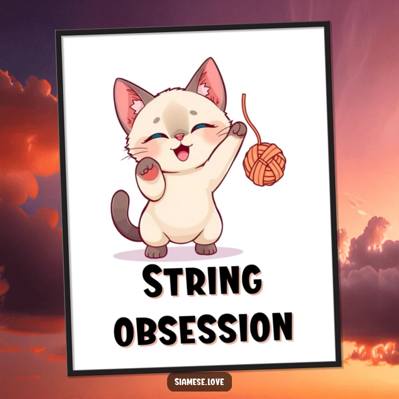 Funny Siamese Cat Digital Art Print: A playful Siamese cat character intensely engaged in batting a ball of yarn.