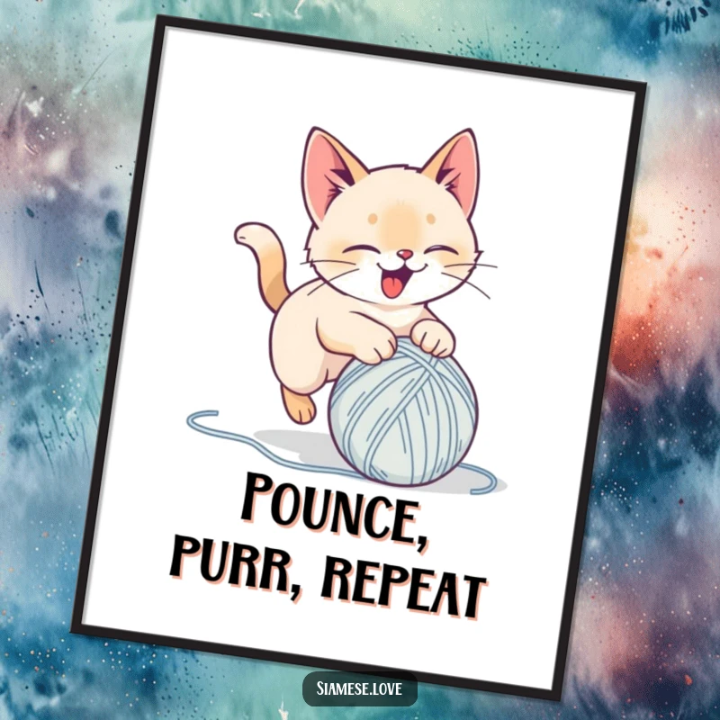 Funny digital art print of a stylized Siamese cat delightedly pouncing on a yarn ball, offering instant playful decor and humor.