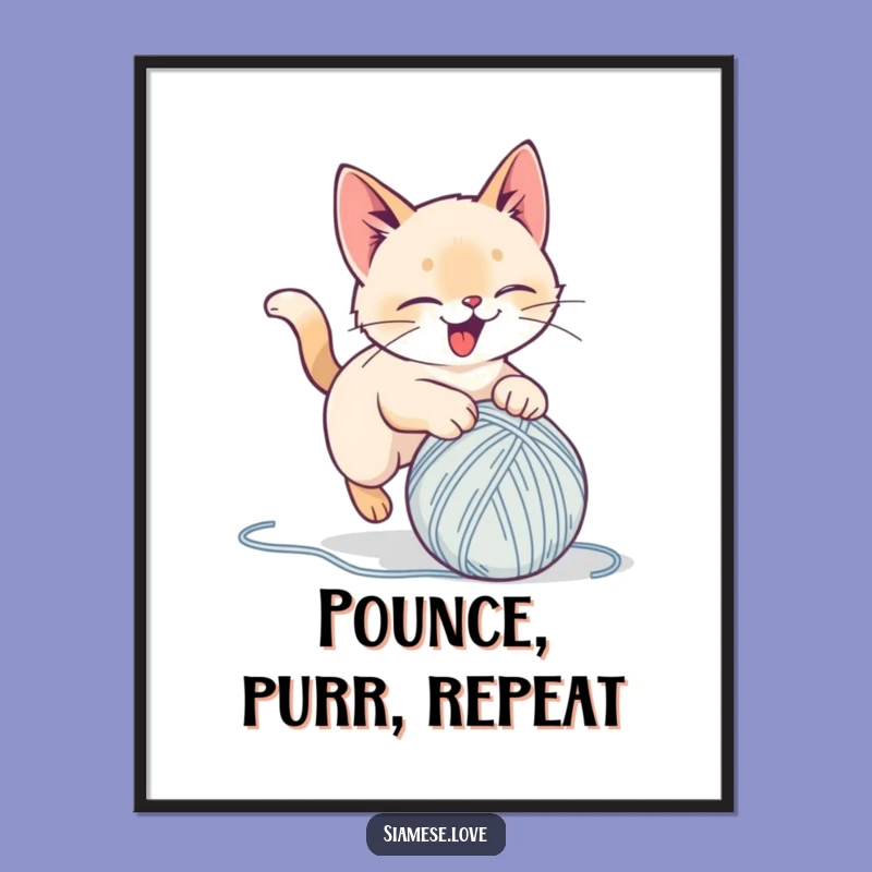 Funny Siamese Cat Yarn Pounce Digital Art: Instant Feline Fun