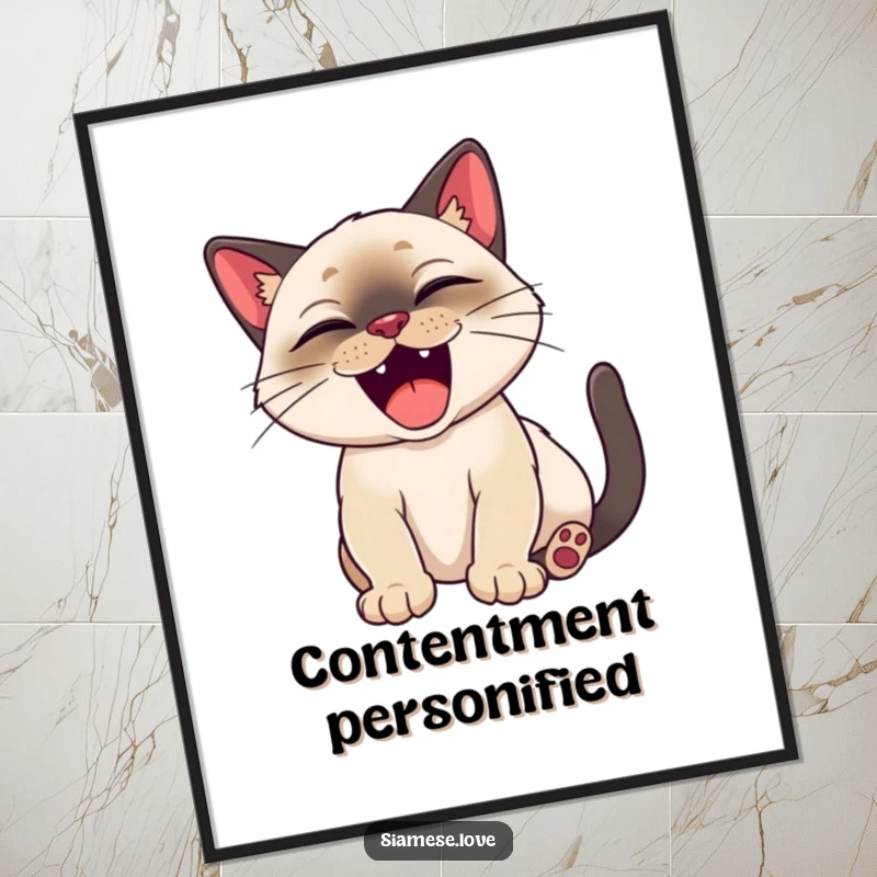 Funny Siamese cat character stretching with a big, satisfied yawn, a digital art print for framing.