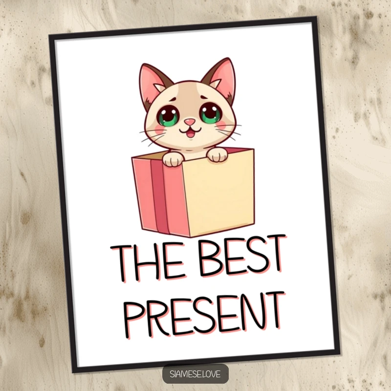 Funny Siamese cat emerging from a gift box with a surprised expression, presented as a digital art print for instant joy.
