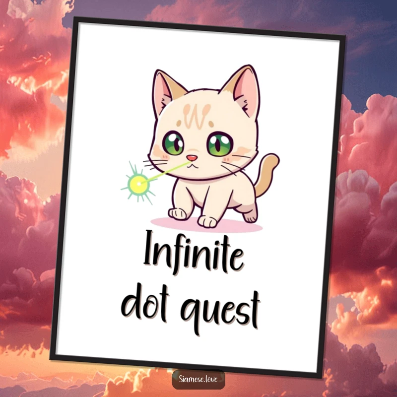 Funny Siamese Cat Digital Art: A high-resolution print of a startled Siamese cat character chasing a laser dot, full of humorous action.