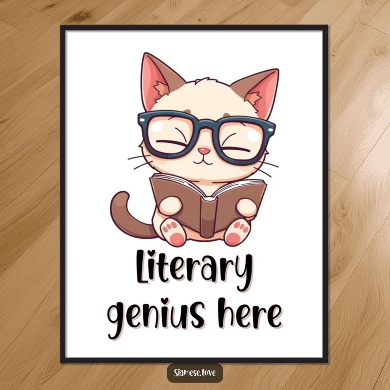 Funny Siamese cat digital art print of a feline in glasses reading a book upside down, ready for humorous wall decor.