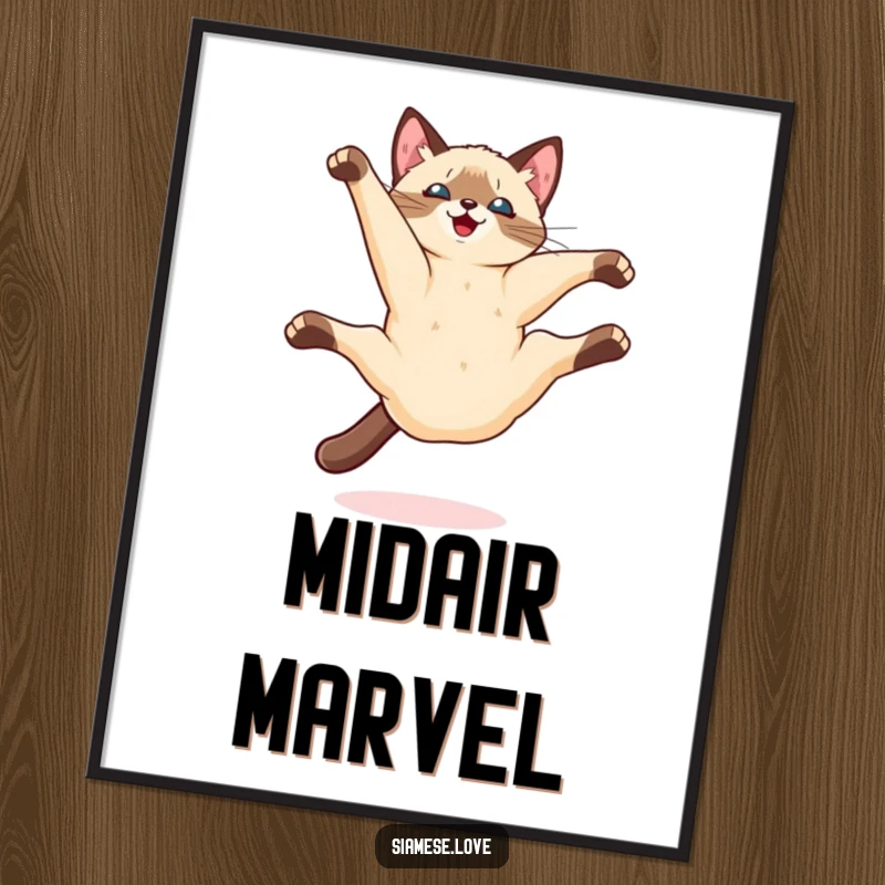 Funny Kawaii Siamese cat doing a playful somersault mid-air, available as a digital art print for dynamic decor.
