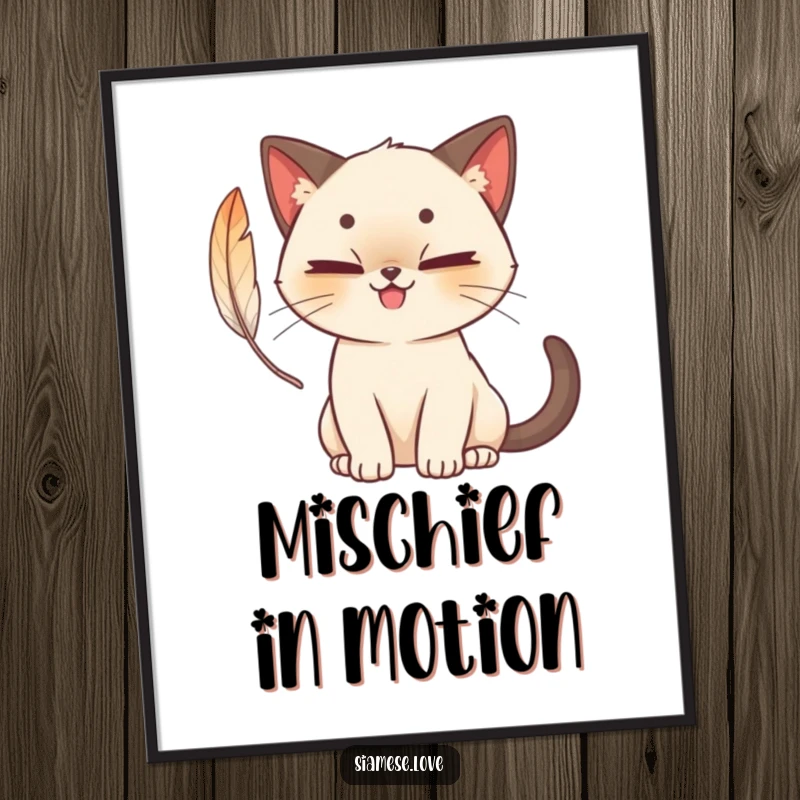 Funny cute Siamese cat digital art print with a mischievous grin, batting at a feather, charming and humorous art for immediate delight.