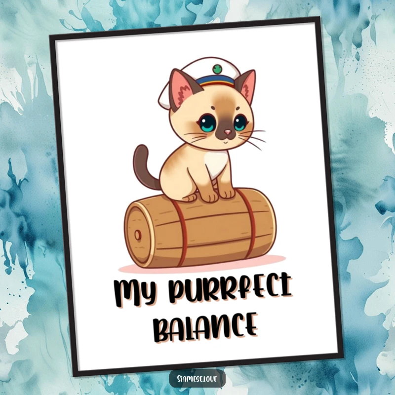 Funny kawaii Siamese cat digital art print, wearing a sailor hat and balancing on a rolling barrel.
