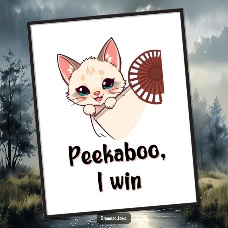 Funny Siamese cat digital art print, feline hiding behind a fan, peeking with a grin, mischievous decor, perfect funny gift.