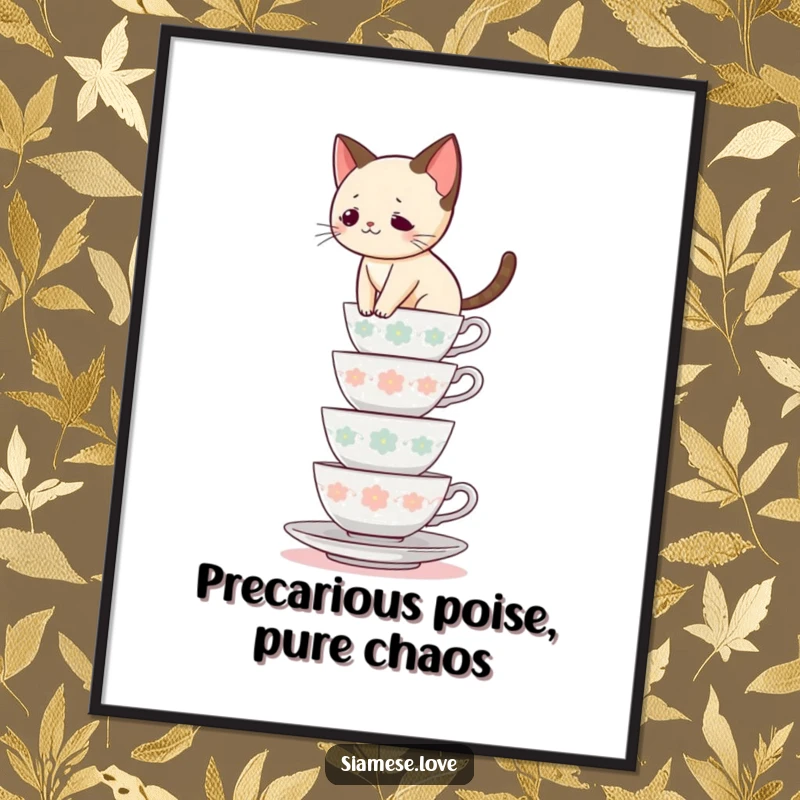 Funny Siamese cat digital art print, feline balancing on stacked teacups, whimsical wall decor, perfect funny gift.