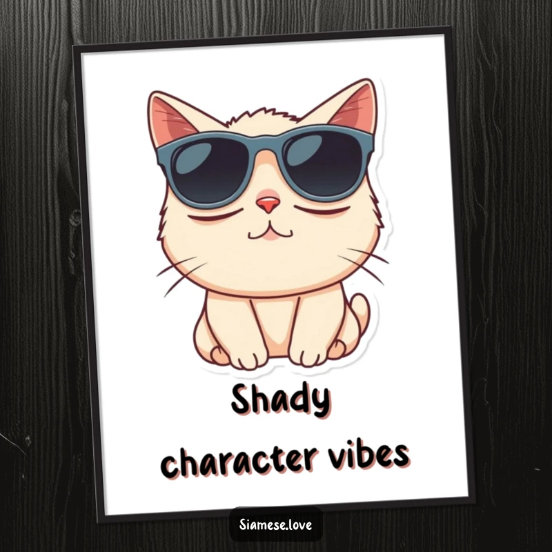Funny Siamese cat character comically wearing oversized sunglasses, a digital art print for framing.