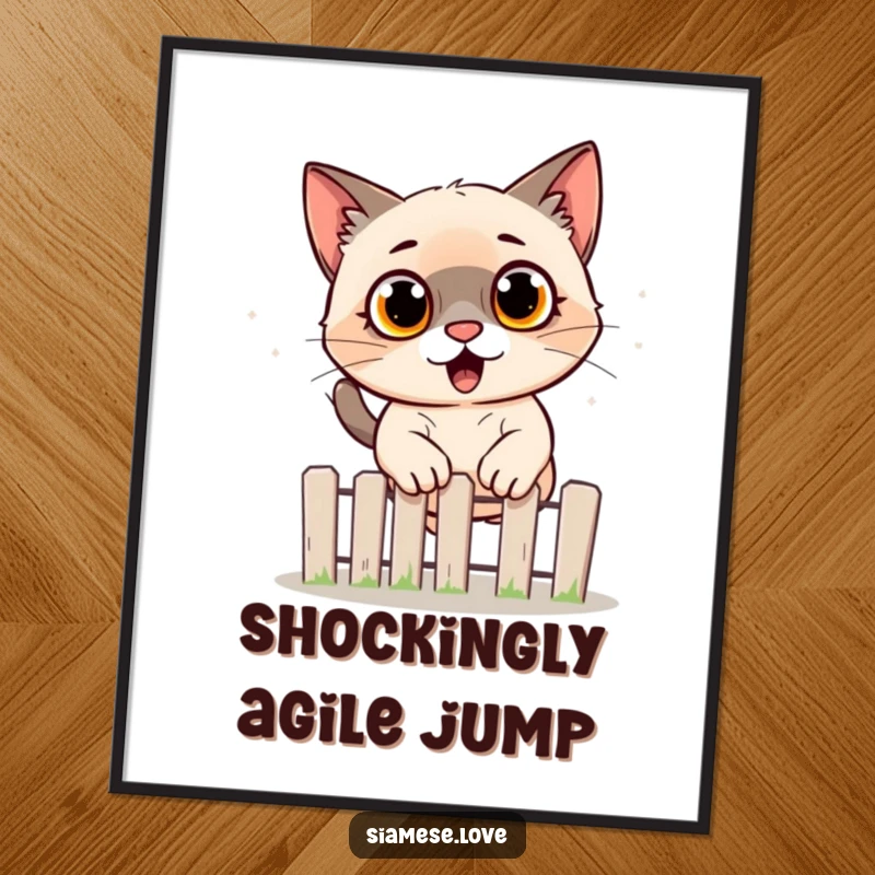 Funny Siamese cat digital art print of a surprised feline leaping over a fence, ready to be printed for humorous wall decoration.