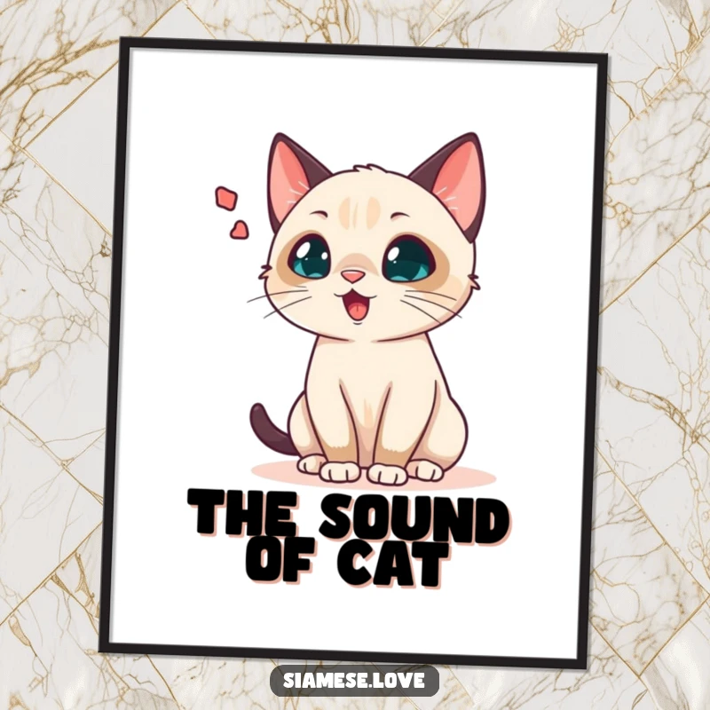 Funny Siamese cat digital art print of a chattering cat with a large, exaggerated sound wave bubble, capturing a moment of vocal expression.