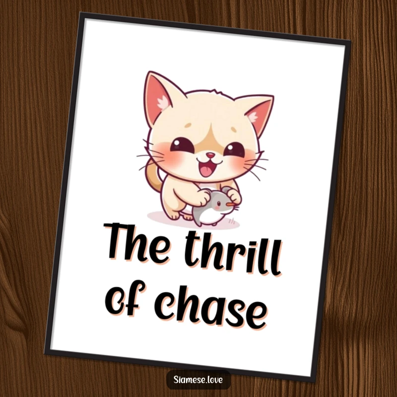 Funny kawaii Siamese cat gleefully pouncing on a tiny mouse toy on a digital art print, full of joy.