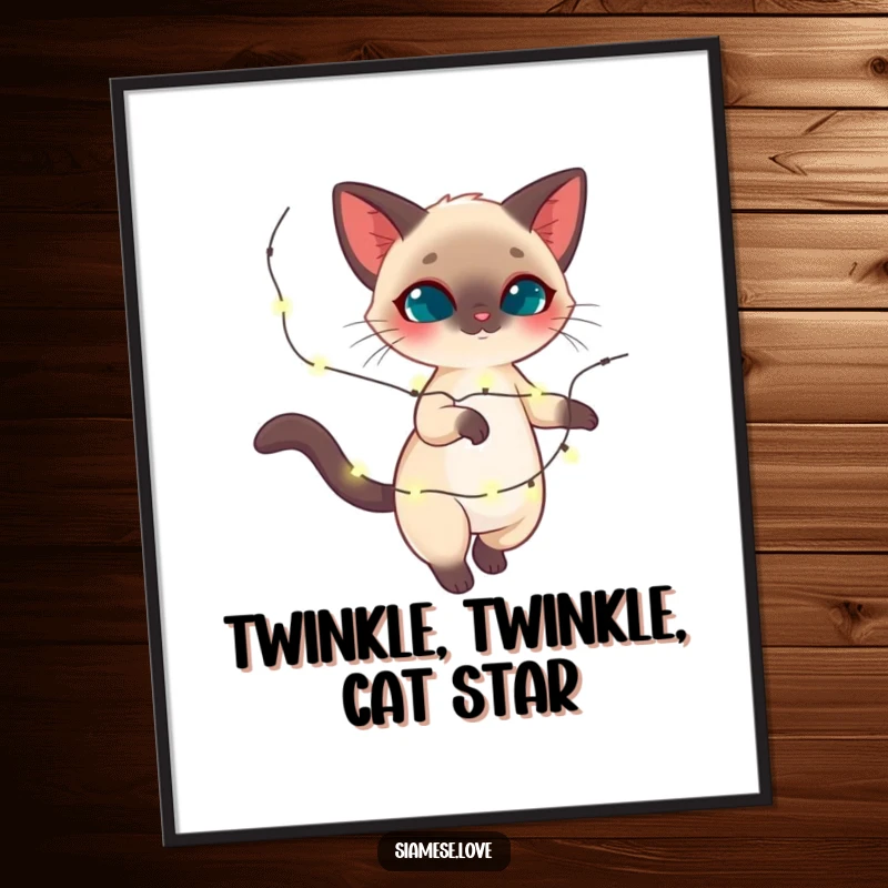 Funny Siamese cat digital art print, feline twirling with sparkling holiday lights, magical festive decor, perfect funny gift.