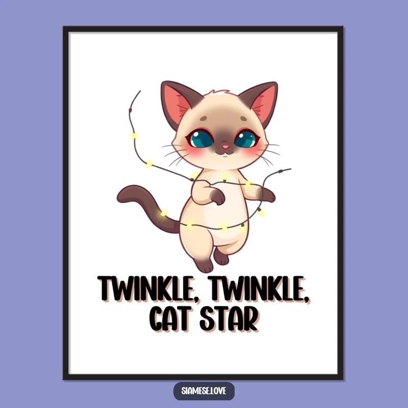 Funny Siamese Cat Twirling Lights Digital Art Print - Magical Feline Holiday Decor!