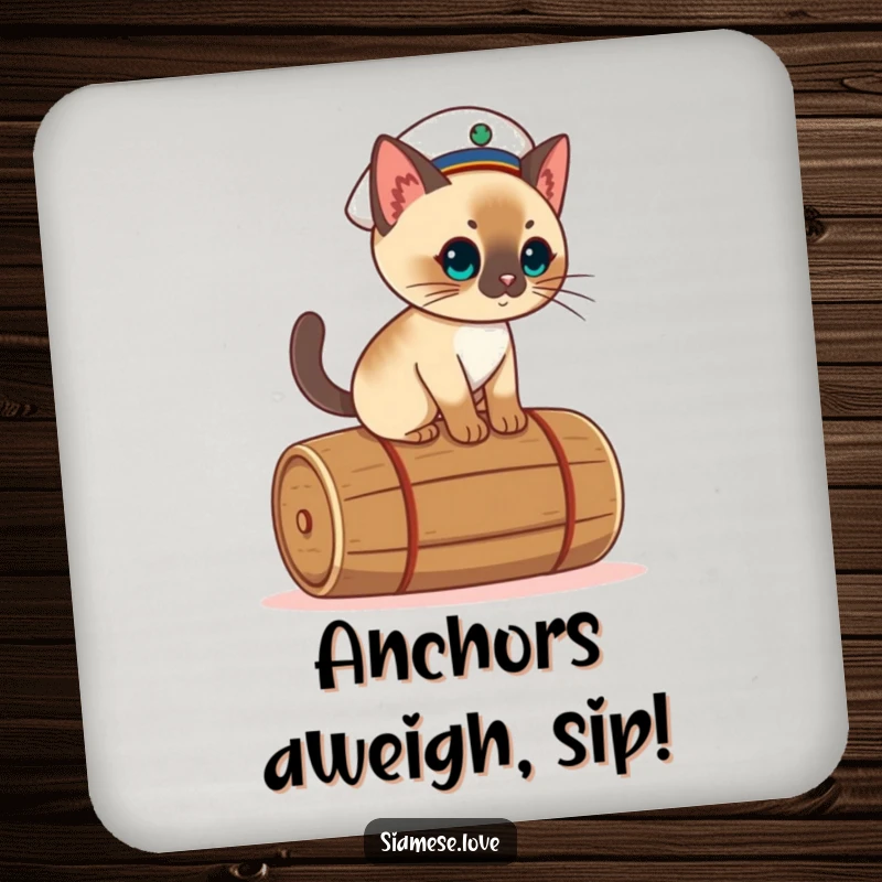 Funny kawaii Siamese cat drink coaster, depicted in a sailor hat, balancing on a rolling barrel.