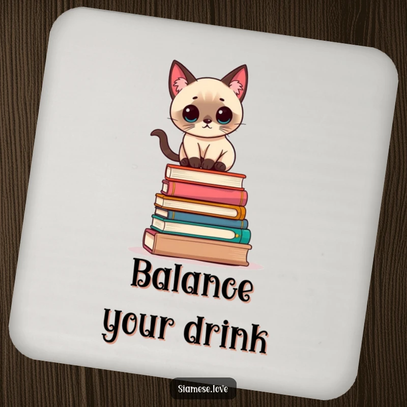 Funny Kawaii Siamese cat balancing precariously on a stack of books on a drink coaster, offering literary flair.