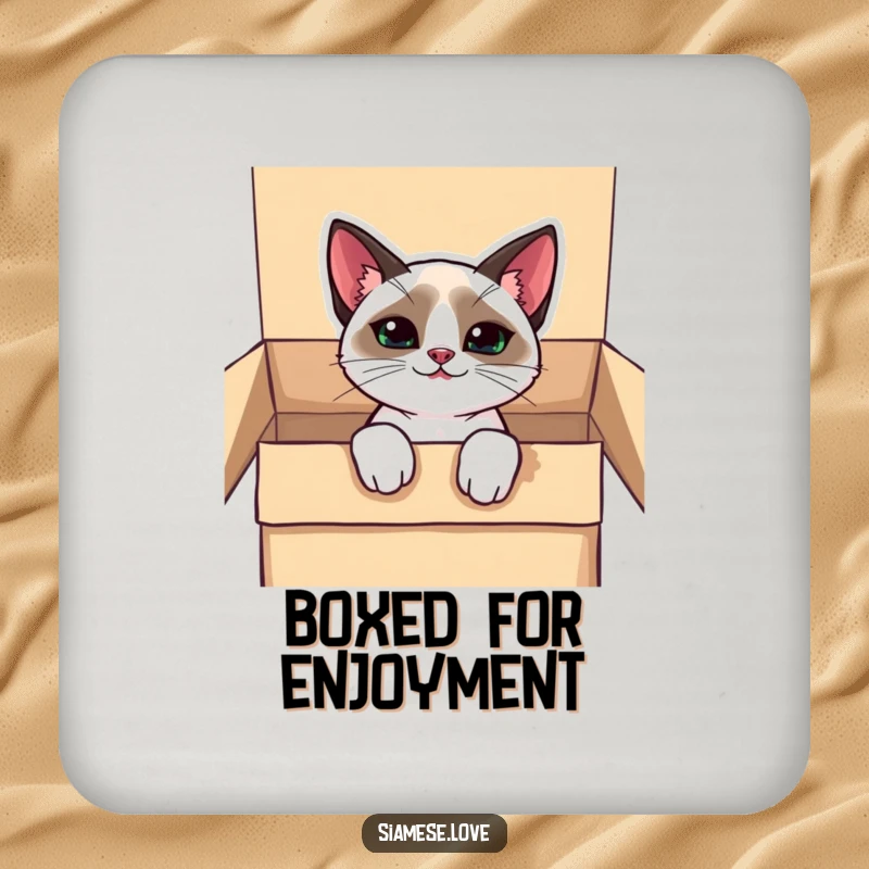 Funny kawaii Siamese cat coaster, peeking from a box with a mischievous grin, protecting surfaces with playful charm.