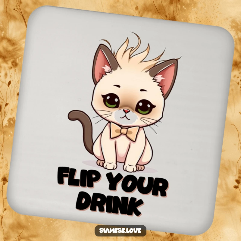 Funny drink coaster with a Siamese cat character in a bow tie performing a dramatic and sassy hair flip.