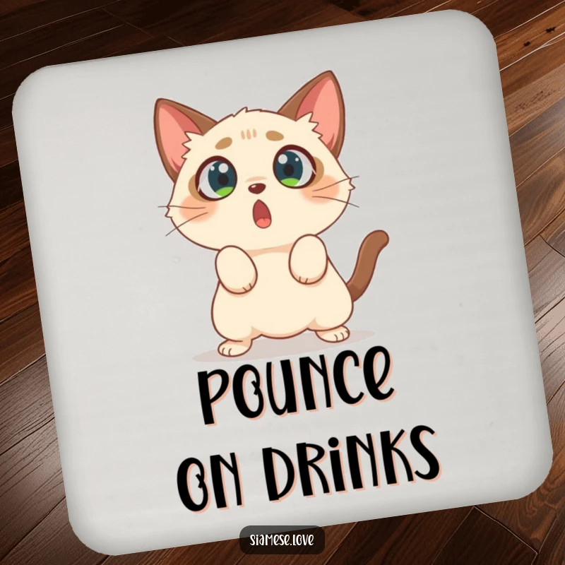 Funny drink coaster featuring a surprised Siamese cat with wide eyes, caught in a hilarious pounce on empty air.