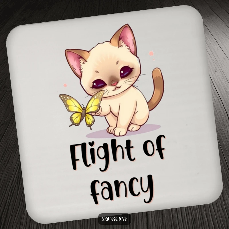 Funny Kawaii Siamese Cat Coaster: Set of coasters showing a cat playfully pouncing on a shimmering butterfly.