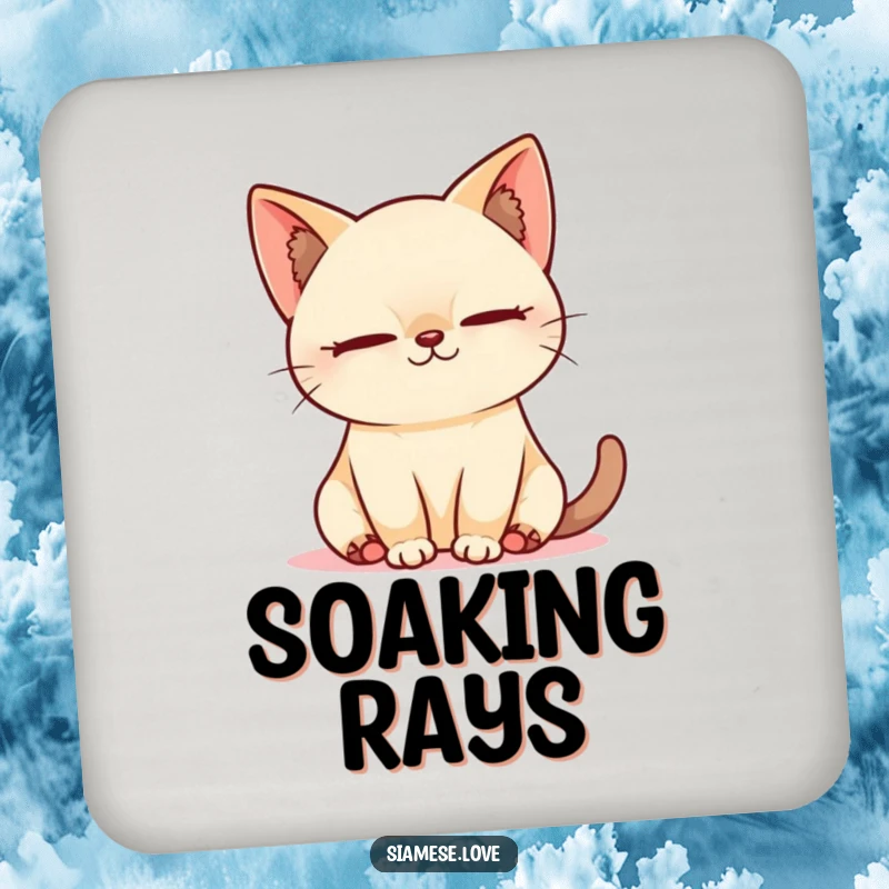 Funny Kawaii Siamese cat sleeping in a sunbeam on a coaster, offering protection with calm and humor.