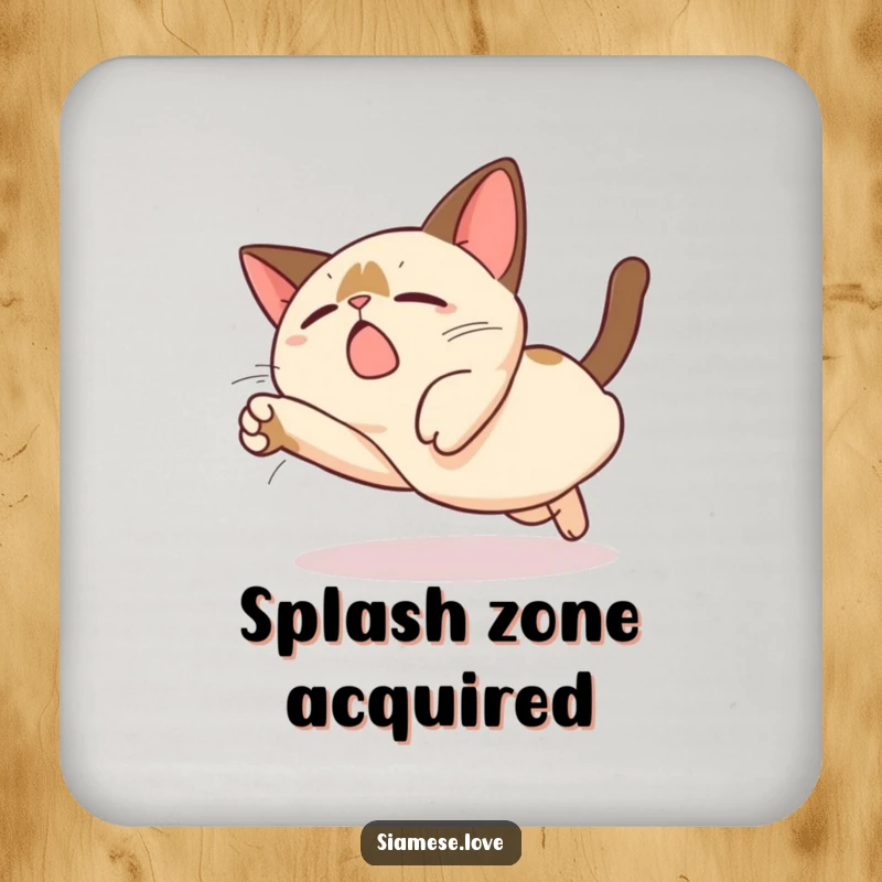 Funny Kawaii Siamese Cat Coaster: A cute Siamese cat character in a funny, clumsy dive pose, offering surface protection and humor.