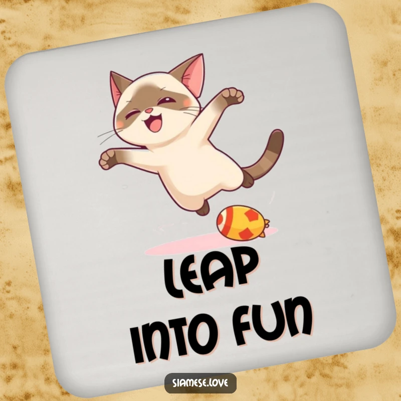 Funny kawaii Siamese cat coaster, in a joyful leap, protecting surfaces with adorable feline charm and playful energy.