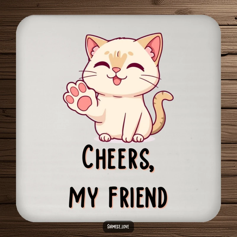 Funny Kawaii Siamese cat offering a friendly paw with a sweet smile on a drink coaster for a touch of feline charm.