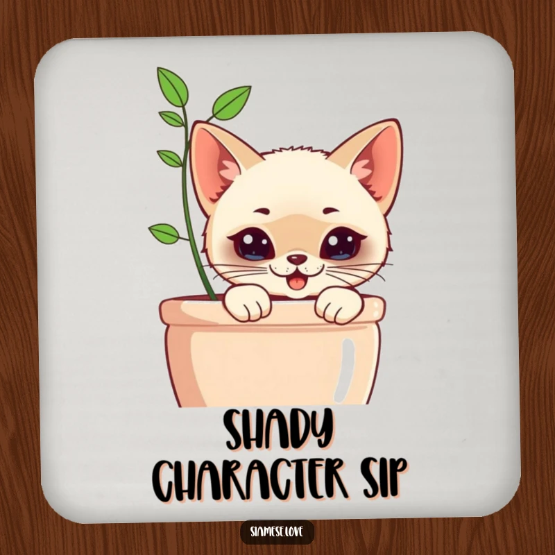 Funny Kawaii Siamese Cat Coaster: Set of coasters showing a cat with a mischievous grin peeking from behind a planter.
