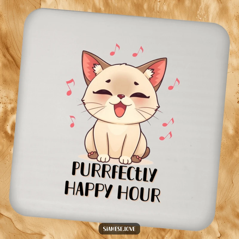 Funny drink coaster, a content Siamese cat character purring loudly, surrounded by floating musical notes, a harmonious and protective accessory.