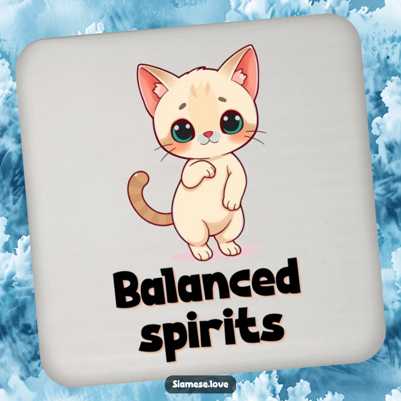 Funny Siamese Cat Coaster: A Siamese cat character balancing on hind legs with tail high, offering surface protection and humor.