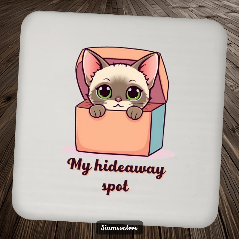 Funny coasters featuring a stylized Siamese cat with curious eyes peeking from a colorful oversized box, protecting surfaces with humorous charm.