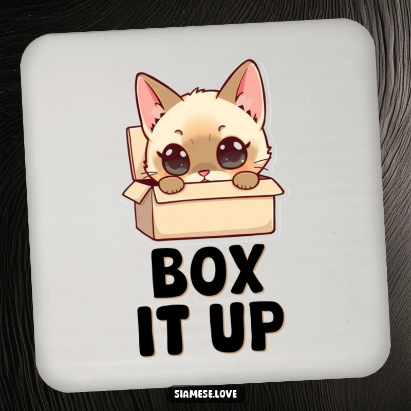 Funny Siamese Cat Coaster: A curious Siamese cat character peers into a small box, offering surface protection and humor.