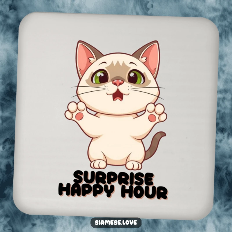 Funny drink coaster showcasing a Siamese cat with paws up in a surprised, comical pose, perfect for adding a humorous touch to tabletops.