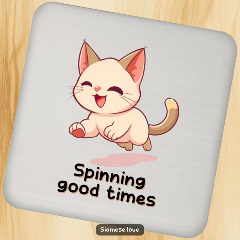 Funny drink coaster showcasing a Siamese cat in a motion blur chasing its tail, perfect for adding energetic humor to tabletops.
