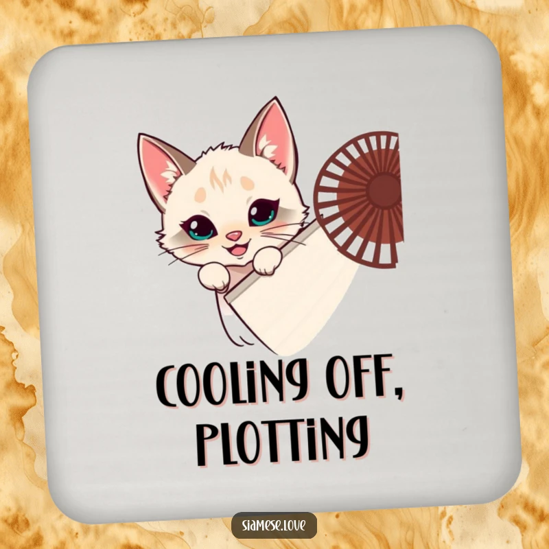 Funny Siamese cat coaster, feline hiding behind a fan, peeking with a grin, playful decor, ideal funny gift.