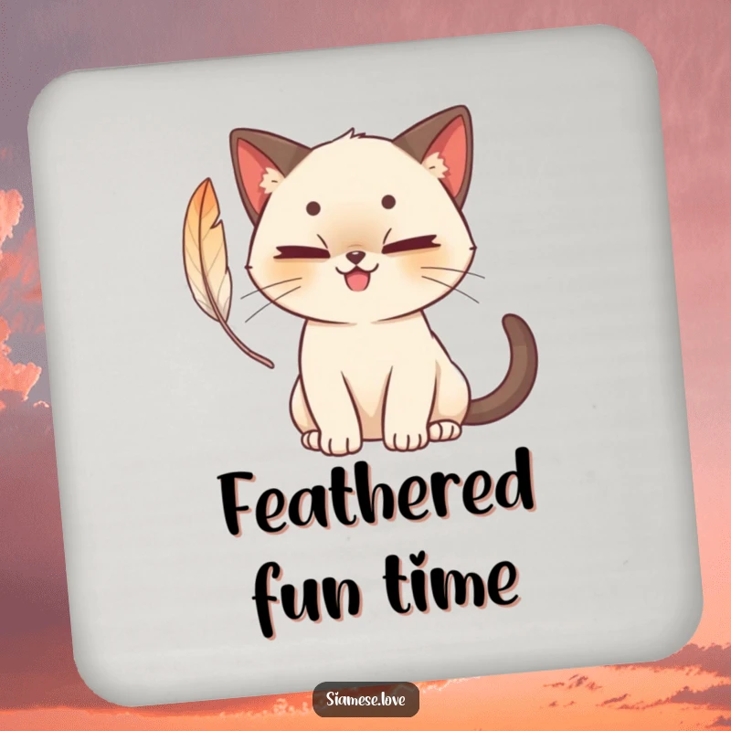 Funny cute Siamese cat coaster with a mischievous grin, batting at a feather, charming and humorous art for surface protection.