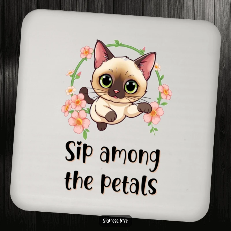 Funny coaster with a curious Siamese cat leaping through a hoop of flowers, protecting surfaces with whimsical charm and feline elegance.