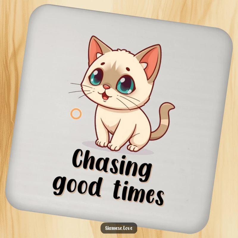 Funny drink coaster featuring a surprised kawaii Siamese cat chasing a red laser dot, adding a fun touch.
