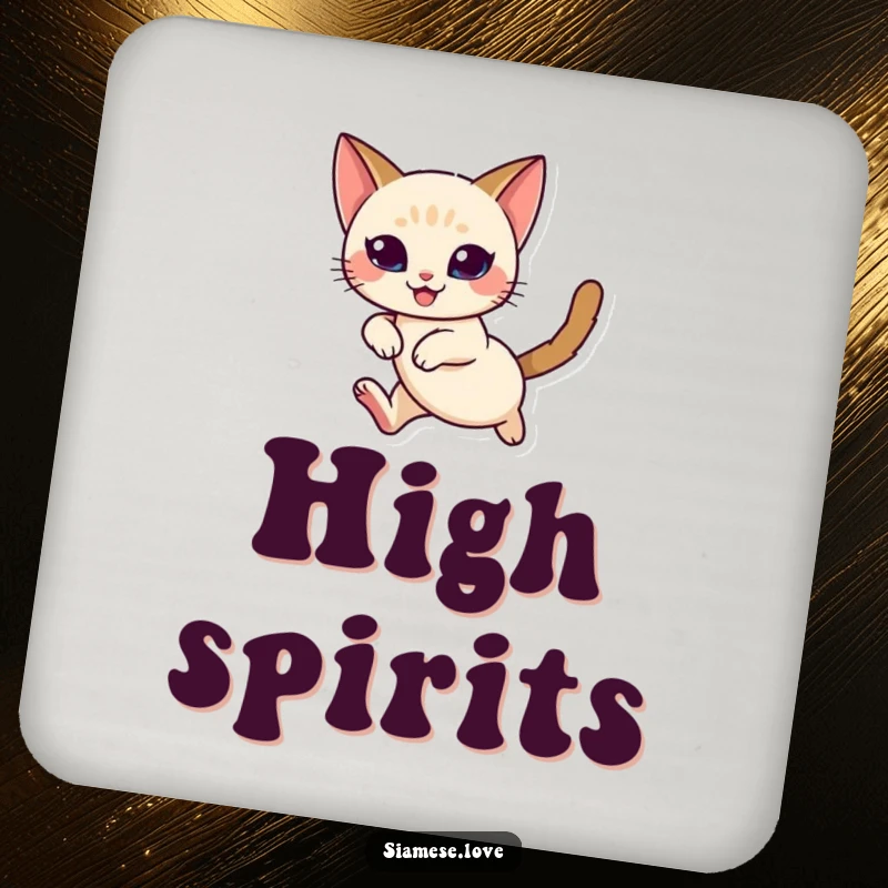 Funny Siamese Cat Coasters: A graceful Siamese cat captured mid-leap with an expression of pure delight.