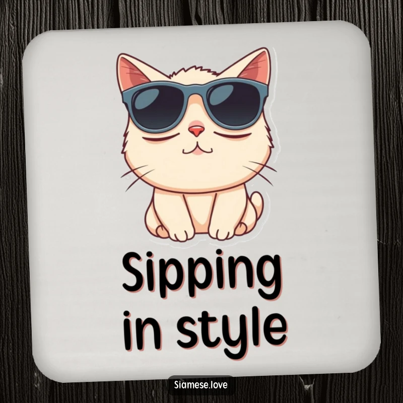 Funny Siamese cat comically wearing oversized sunglasses on a drink coaster, adding cool vibes.