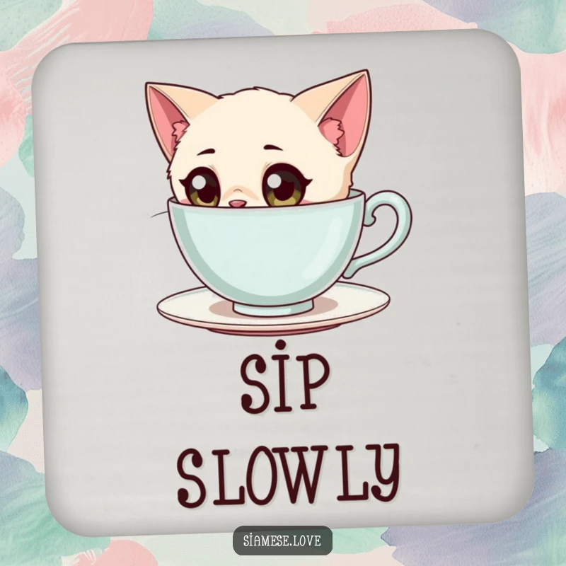 Funny Siamese Cat Coasters: A curious Siamese cat with wide eyes peeking into a giant teacup.