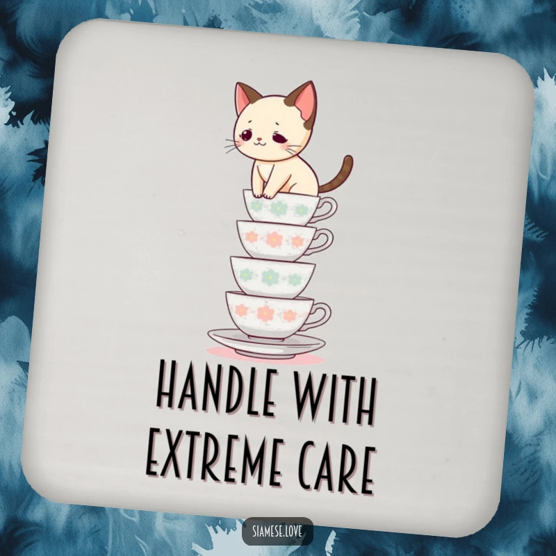 Funny Siamese cat coaster, feline balancing on teacups, protecting surfaces, ideal funny gift for home.